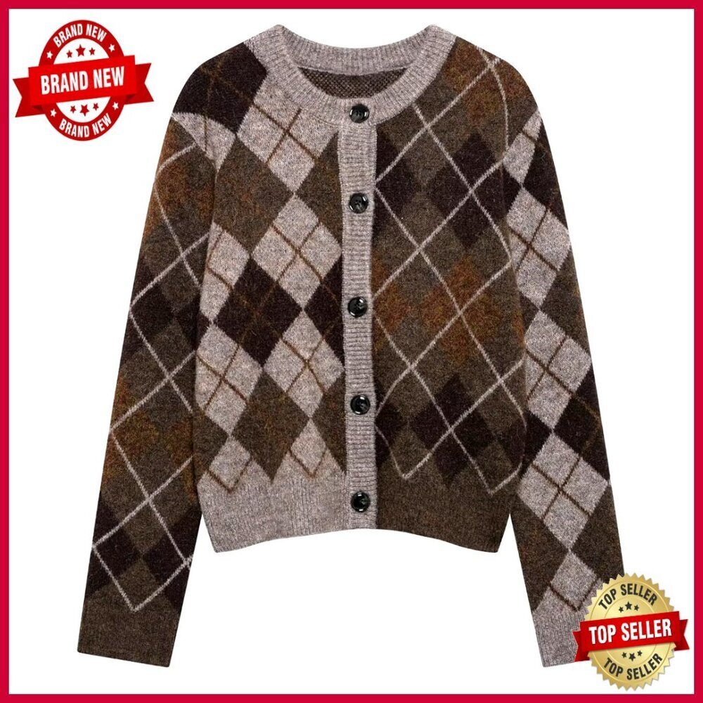 Cropped Plaid Cardigan Sweater Long Sleeve Chunky Knit Button Down Medium